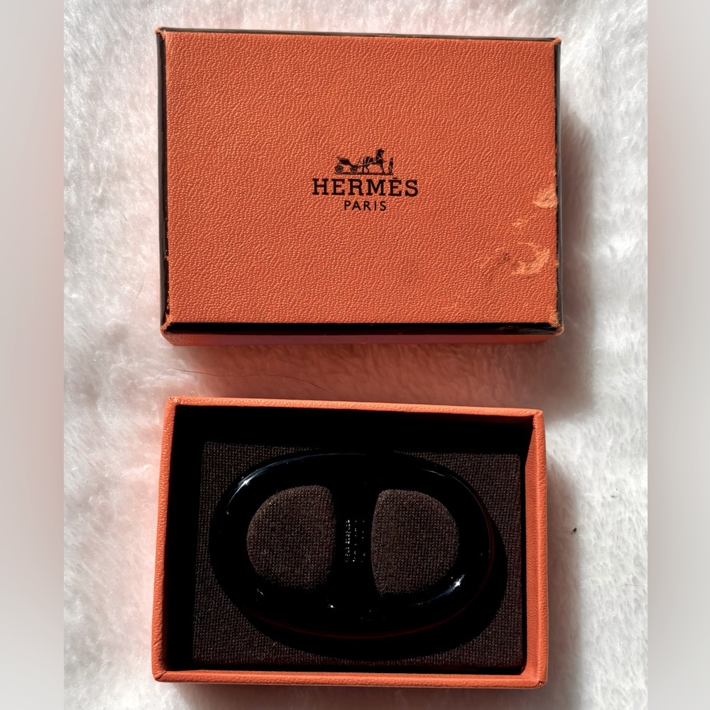 Hermes Black Metal Enamel Chaine d’Ancre Scarf 90 Ring with Box